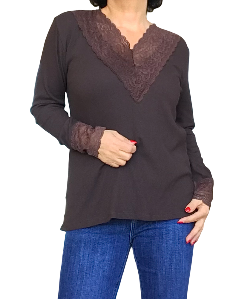 T-shirt brun uni, manche longue, col en V en dentelle et bas des manches en dentelle