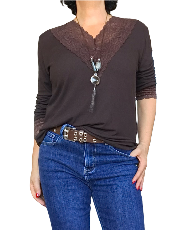 T-shirt brun uni, manche longue, col en V en dentelle et bas des manches en dentelle