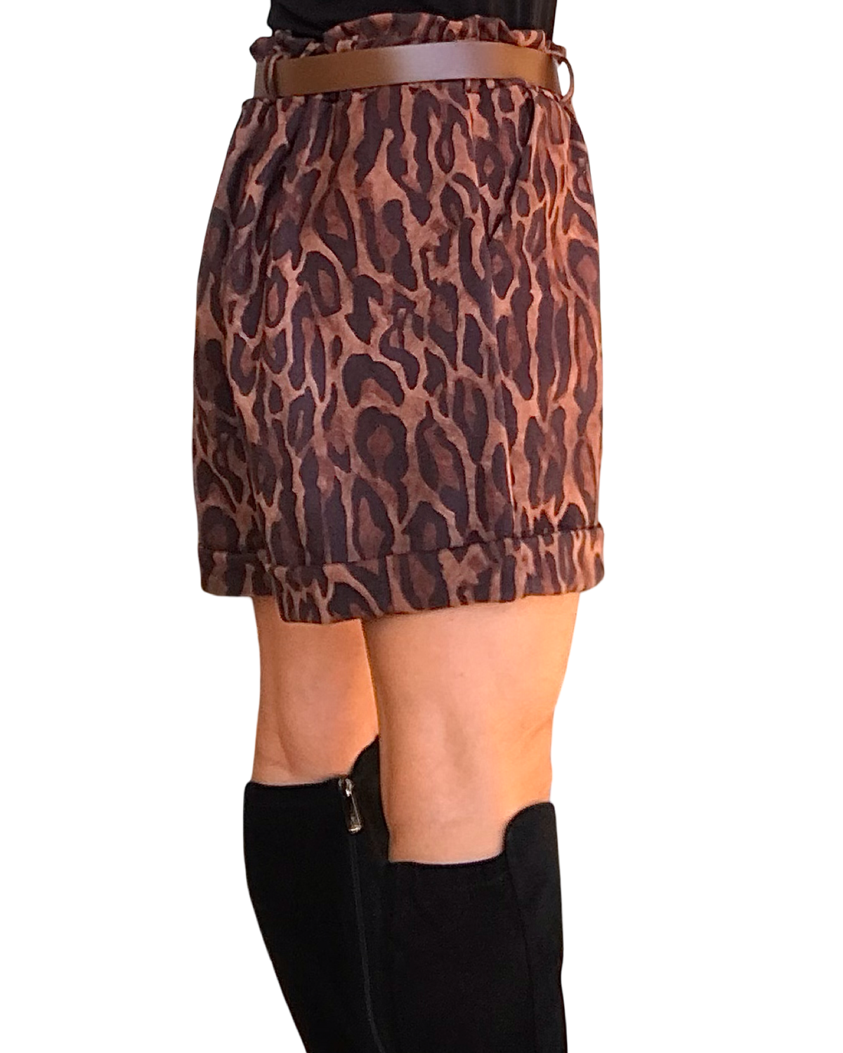 Short léopard en ultra suède noisette et noir