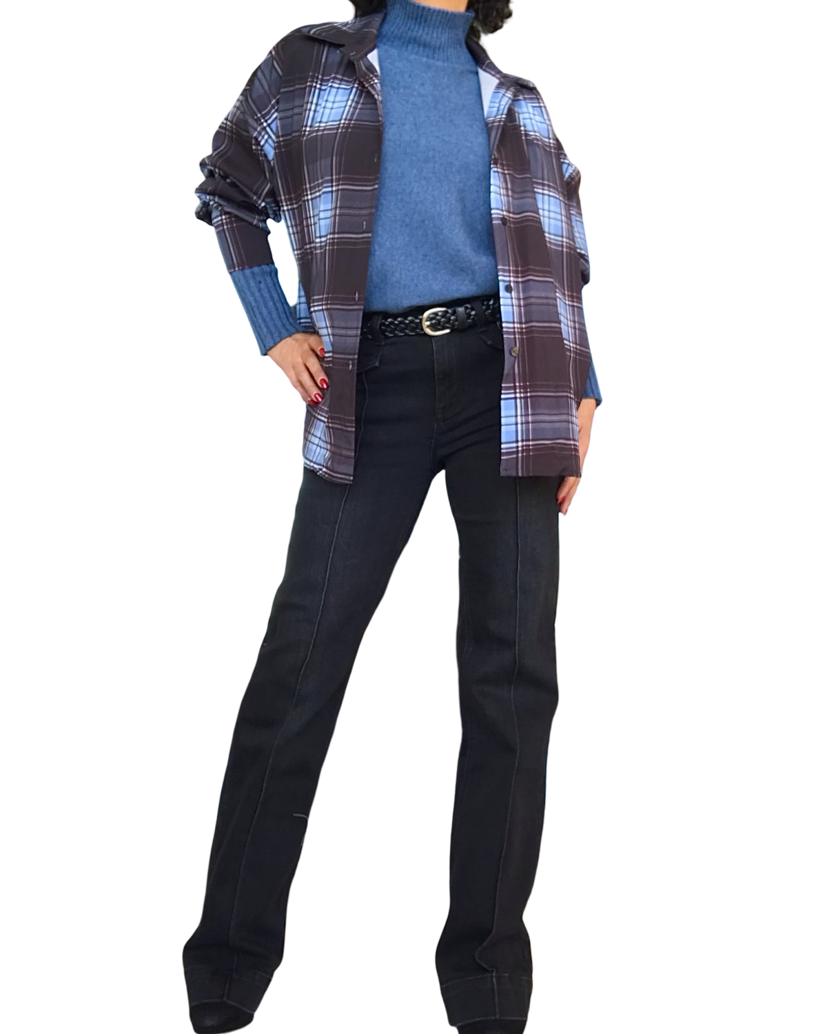 Chemise en satin à carreaux noir, gris et bleu ciel à manche longue