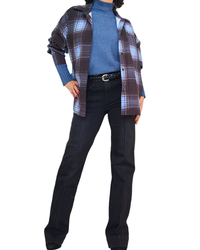 Chemise en satin à carreaux noir, gris et bleu ciel à manche longue