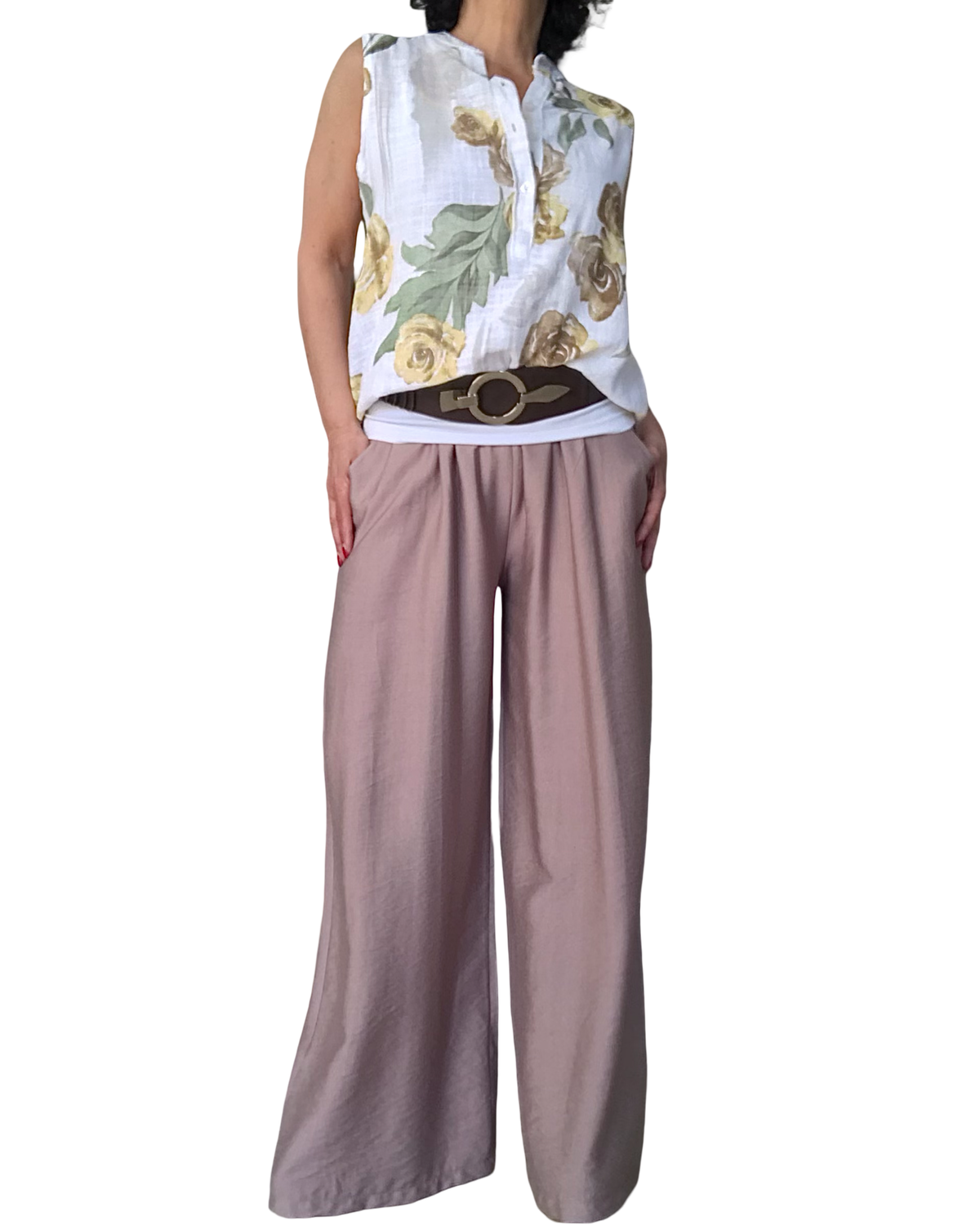 Blouse blanche sans manche grosses fleurs jaune, noisette et kaki