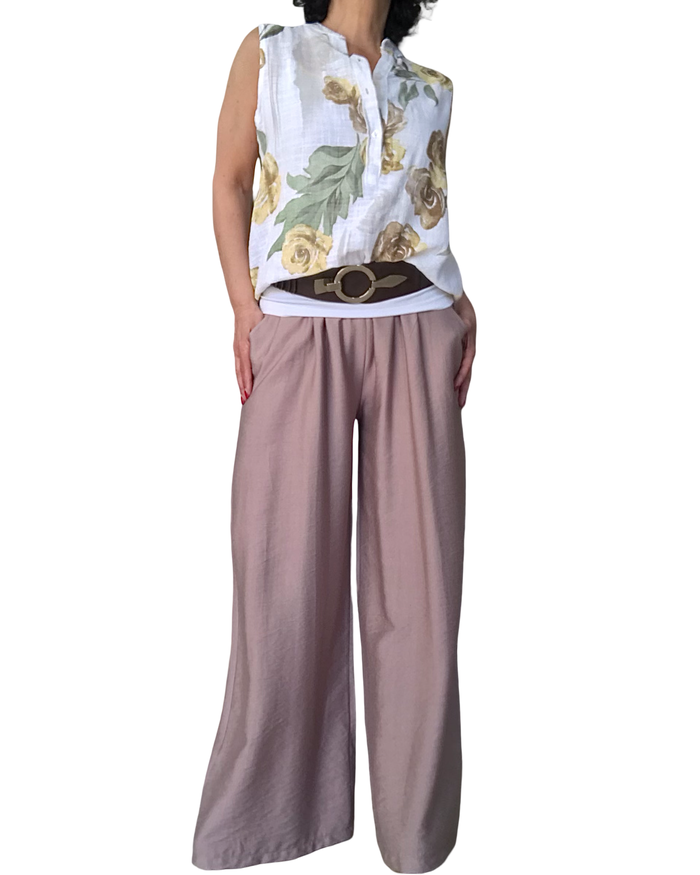 Blouse blanche sans manche grosses fleurs jaune, noisette et kaki