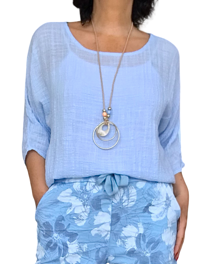 Blouse unie bleu ciel à manches courtes, col rond