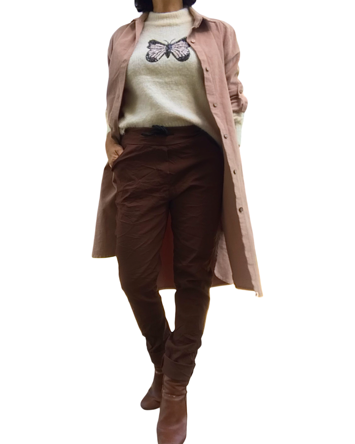 Surchemise longue unie camel en velours cotelé