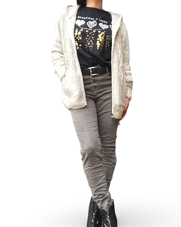 Cardigan chiné à capuchon beige et gris avec pantalon gris