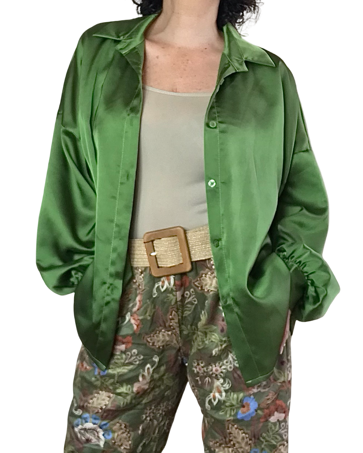 Chemise vert pomme en satin à manche longue