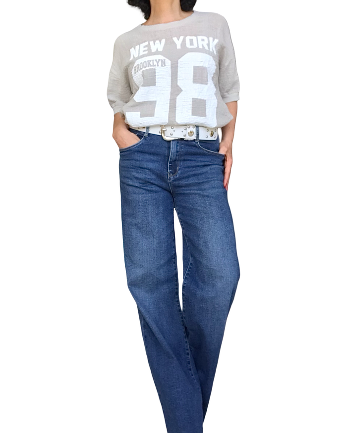 T-shirt uni beige manche courte col rond « 98 New York »
