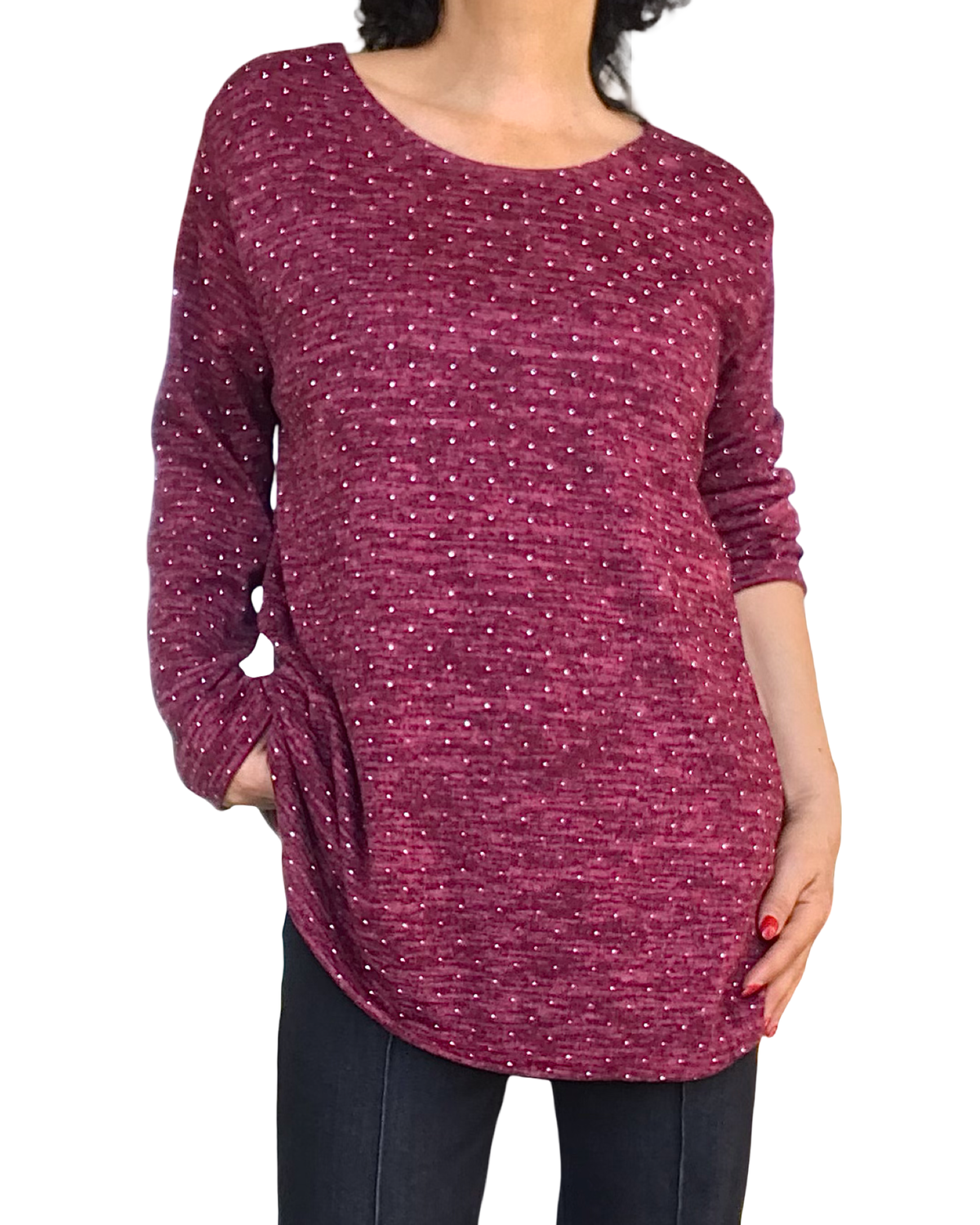 Chandail chiné bourgogne et vieux rose garni de petites pierres argentées