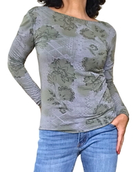 T-shirt kaki fleuri ton sur ton, manche longue col rond