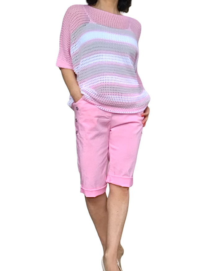 Bermuda rose bébé à taille élastique avec cordon et 4 boutons décoratifs