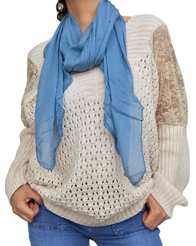 Chandail de tricot uni col en V manche longue en pointelle avec foulard bleu jeans