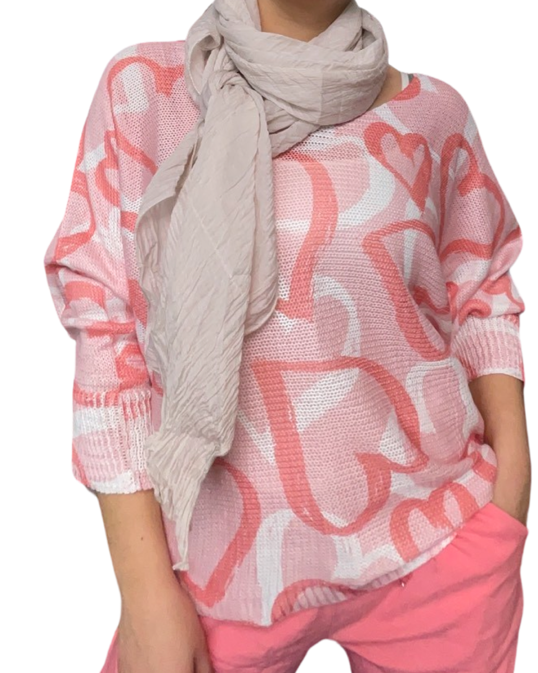Chandail corail pour femme à manche longue avec imprimé de coeurs avec foulard et pantalons rose