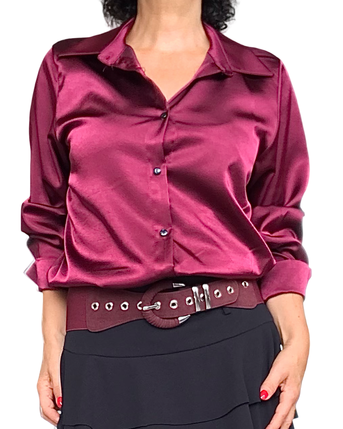 Chemise bourgogne en satin à manche longue avec boutons noirs