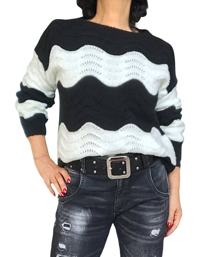 Chandail col rond motif ondulatoire en tricot noir et blanc