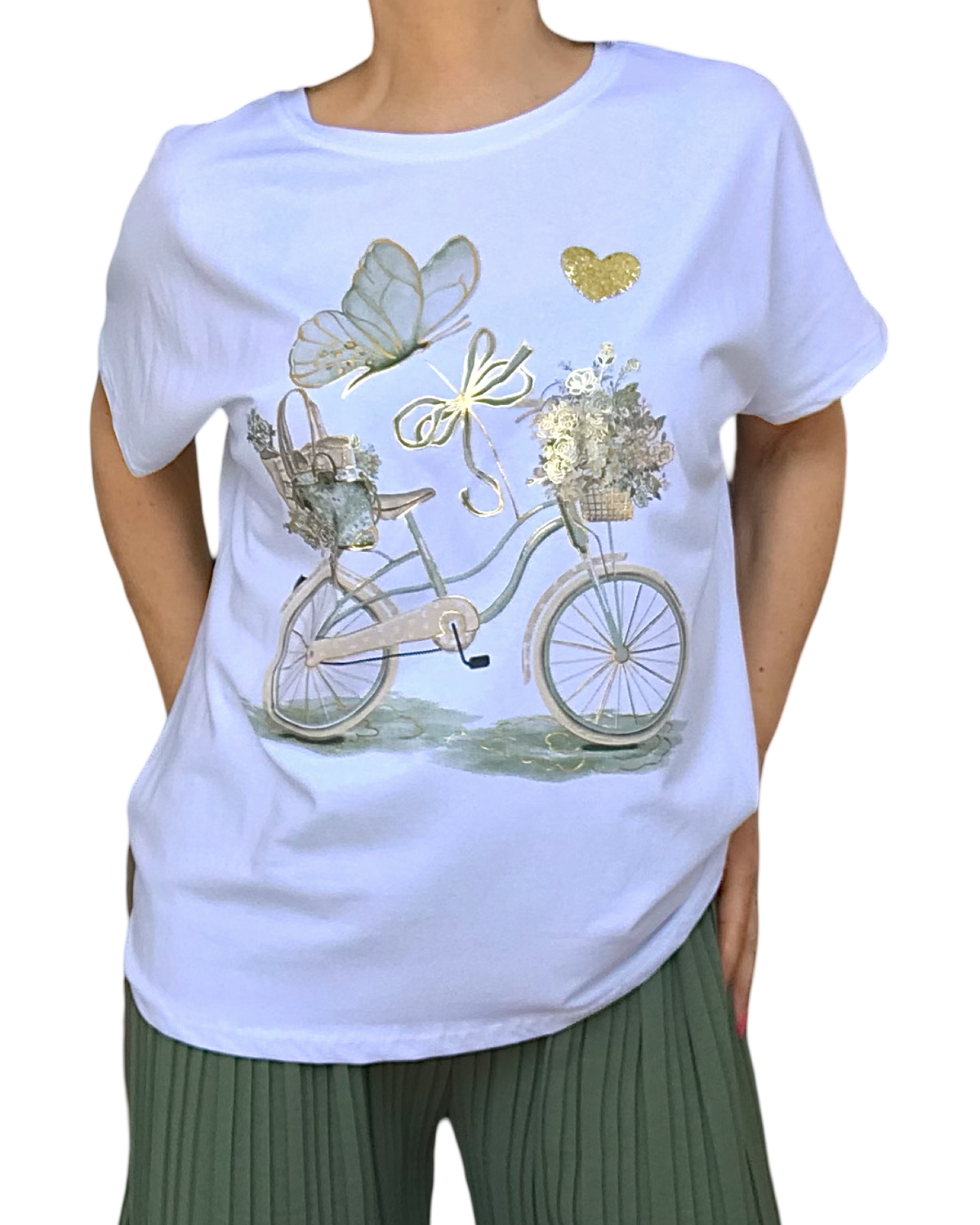 T-shirt blanc vélo doré au style estival