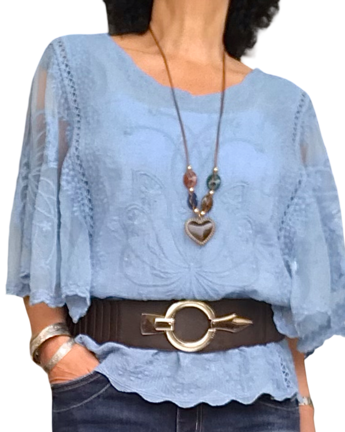 Blouse en voile, dentelle et broderie, élastique à la taille | Livraison 10 mai