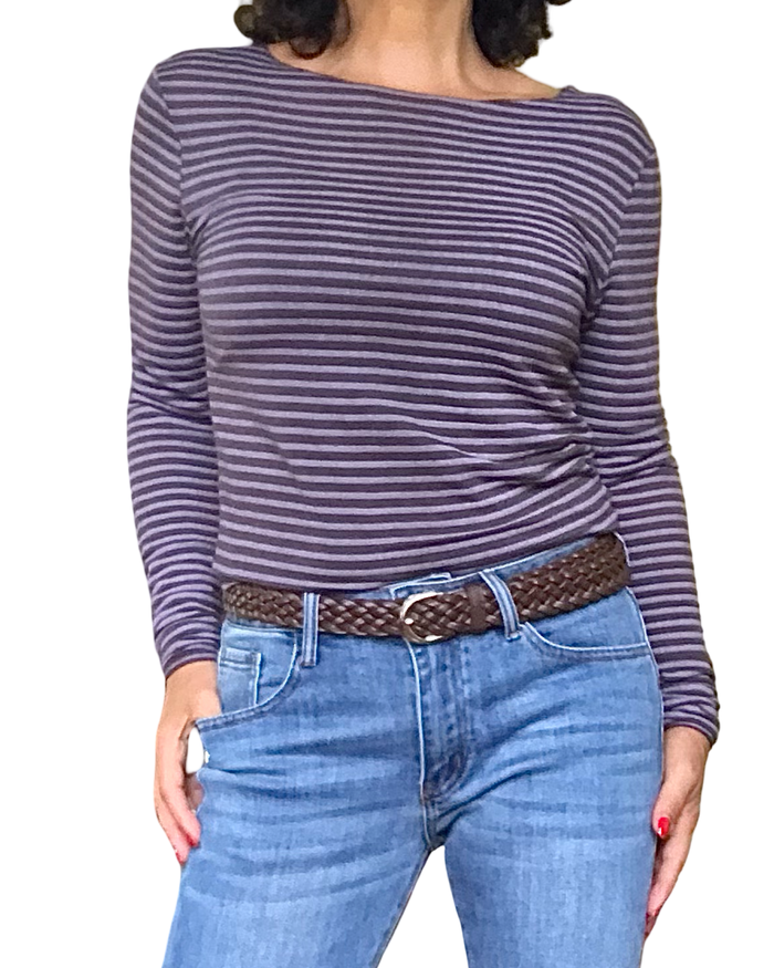 T-shirt rayé brun et rose pâle manche longue col rond