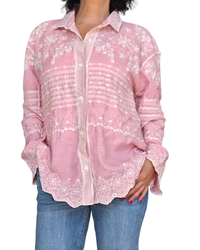 Chemise vieux rose brodée blanc cassé à manche longue