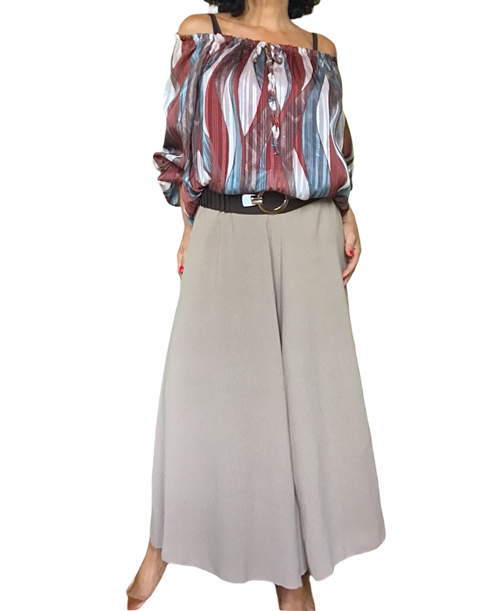 Blouse en voile rouille imprimé zigzag vertical manches bouffantes