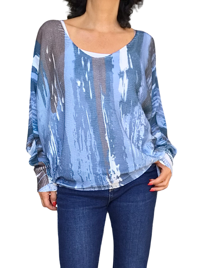 Chandail tricot léger bleu col V manche longue, imprimé abstrait