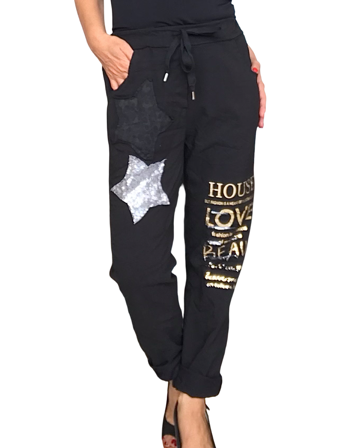 Pantalon noir funky à taille élastique avec cordon étoile argenté et écritures dorées (Livraison 5 octobre pour le Québec)