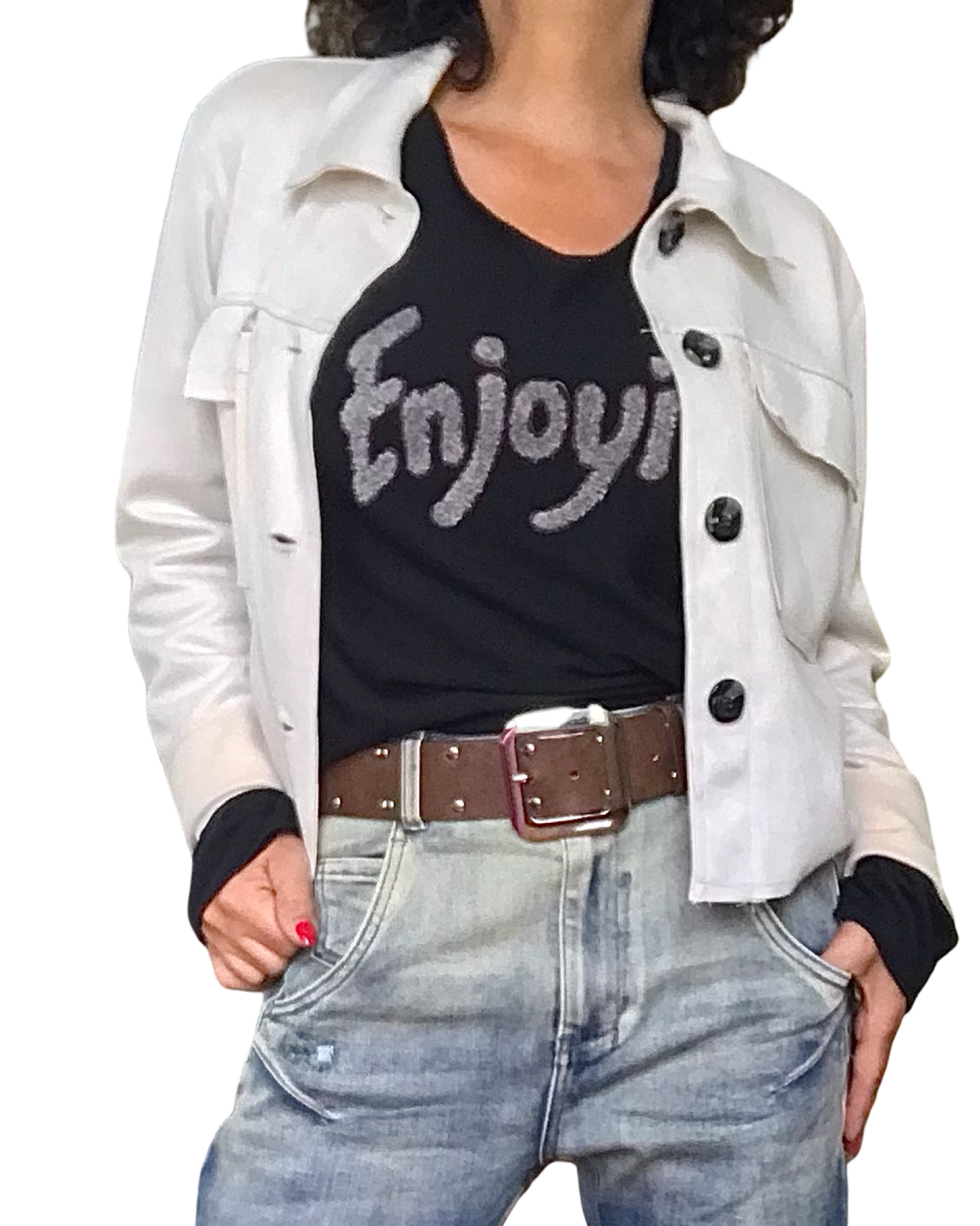 Chandail uni noir « Enjoy it » col  en V manche longue