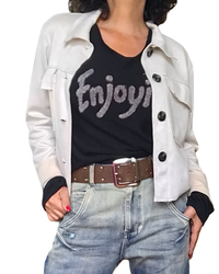 Chandail uni noir « Enjoy it » col  en V manche longue