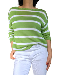 Chandail en tricot manches longues col rond à rayures blanche et vert pomme
