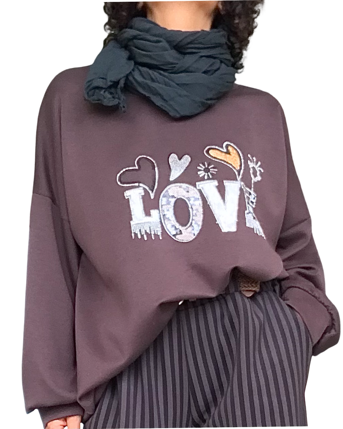 Chandail uni brun col rond en jersey « Love »
