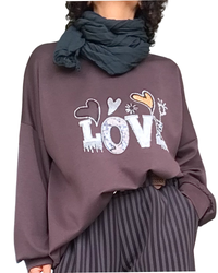 Chandail uni brun col rond en jersey « Love »