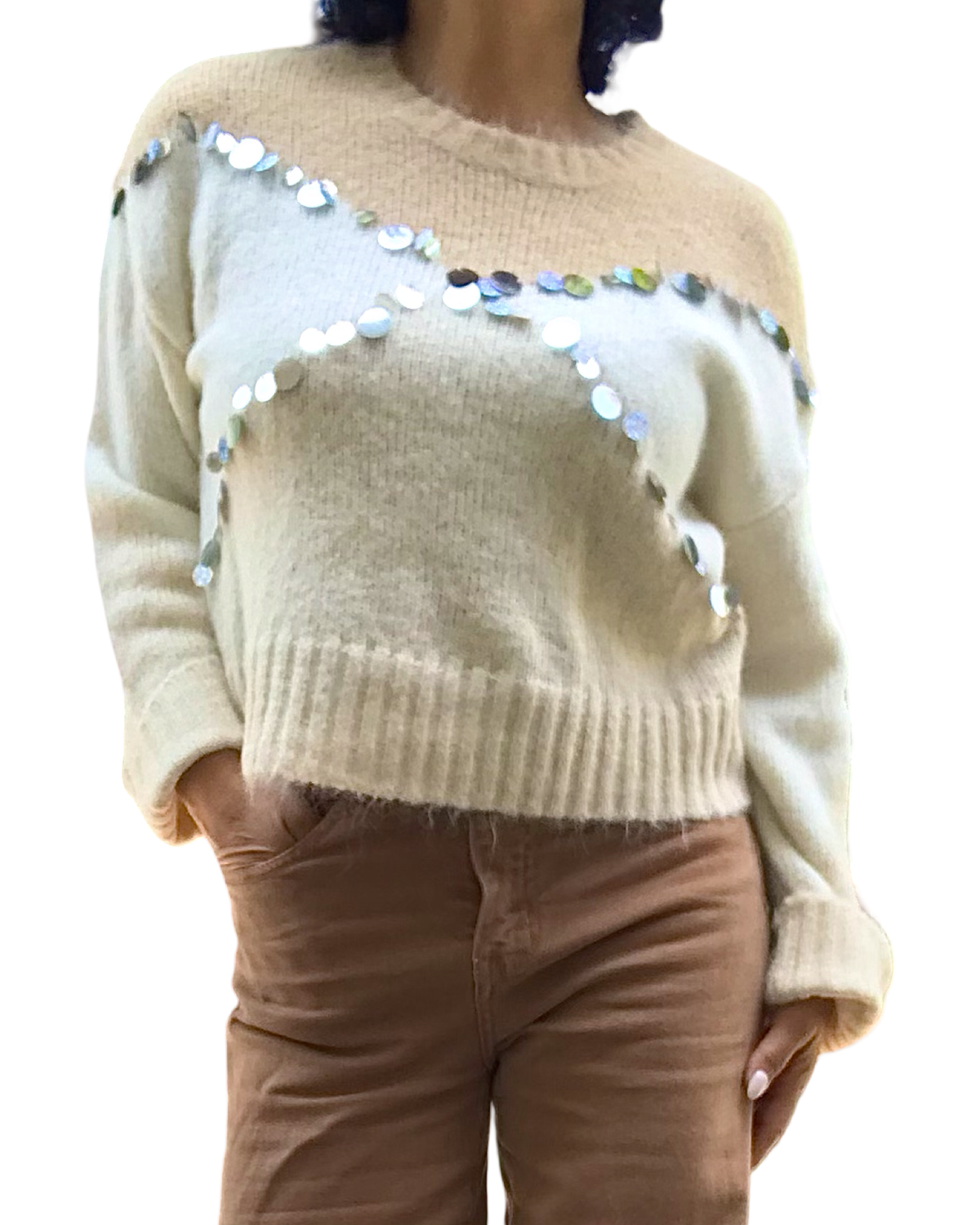 Chandail col rond beige en tricot 3 couleurs avec paillettes argentées croisées devant