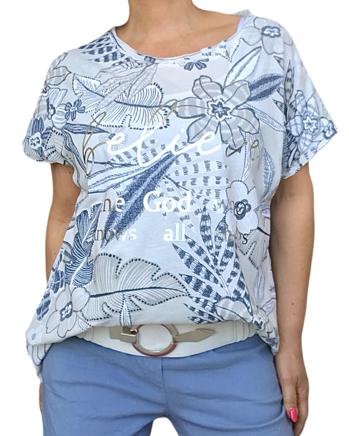 T-shirt floral bleu marine et argent stylé et doux