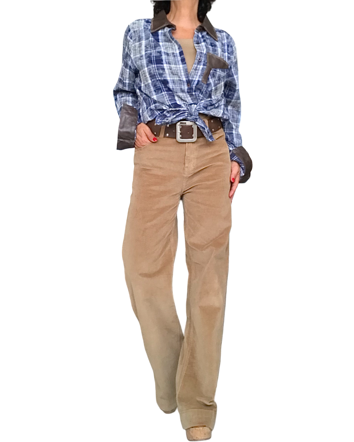 Chemise à carreaux marine, gris et blanc avec similicuir brun délavé