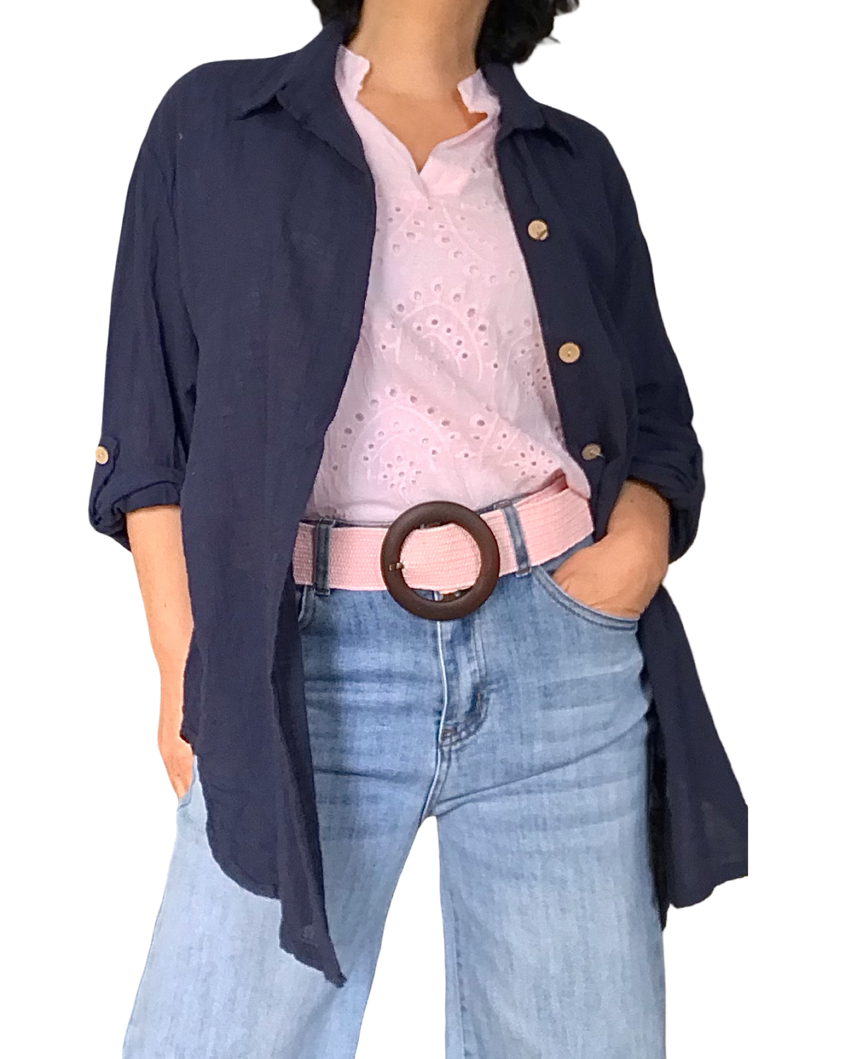 Chemise marine unie à manche 3/4 col chemise