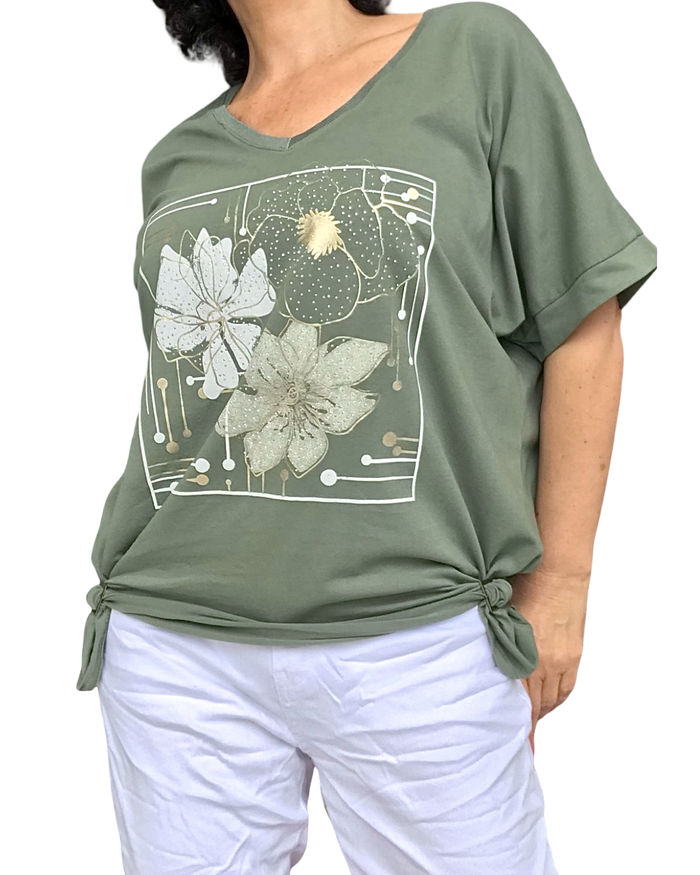 T-shirt kaki col V fleurs dorées – Léger & Stylé