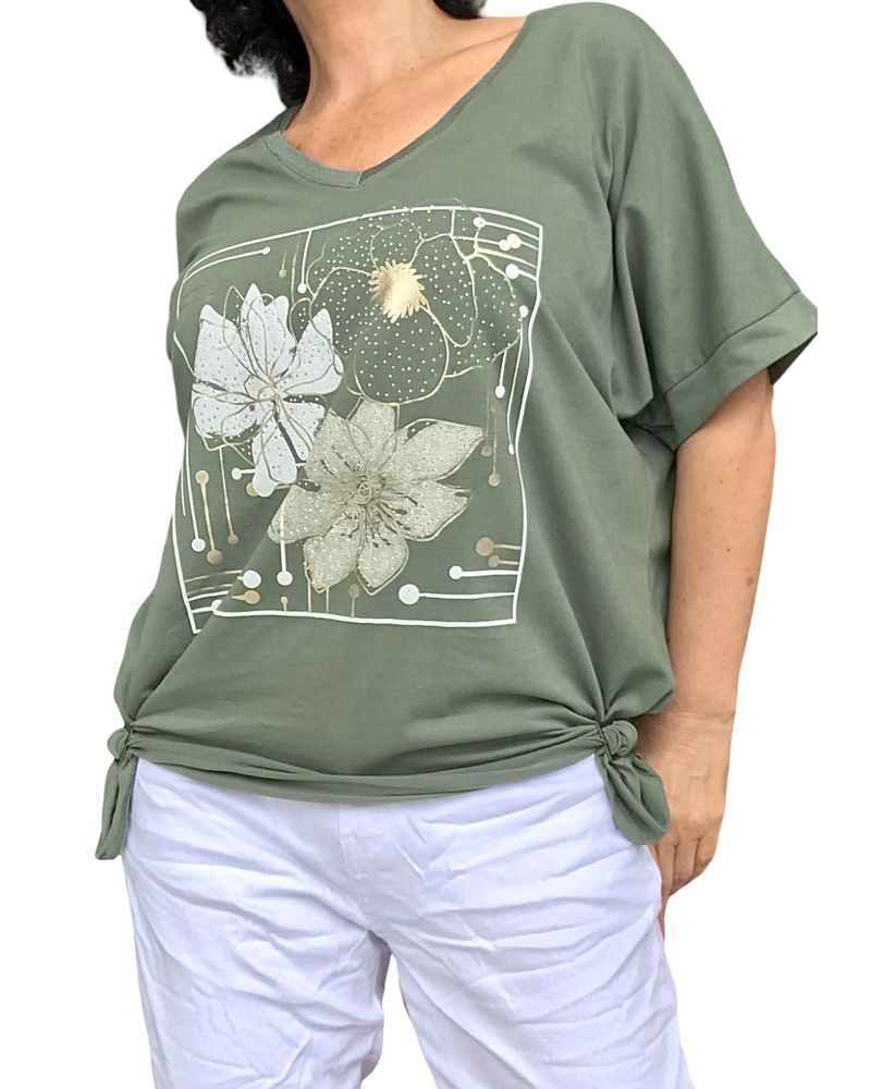 T-shirt kaki col V fleurs dorées – Léger & Stylé