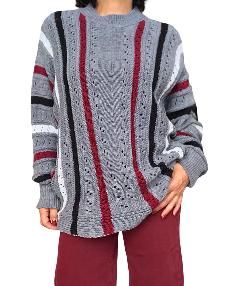 Chandail en tricot gris en pointel rayures verticales, manche longue