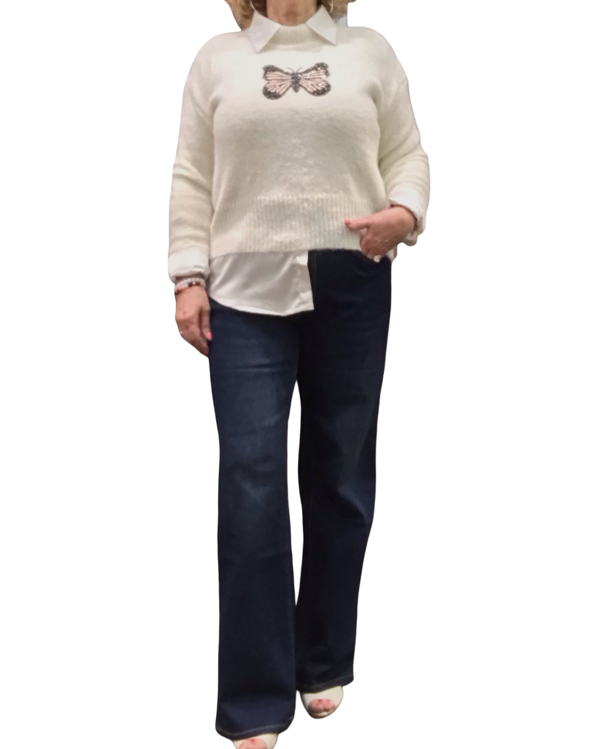 Chandail col montant off White en tricot avec un appliqué de papillon