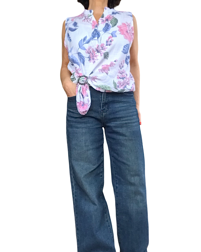 Blouse blanche sans manche grosses fleurs rose, marine et kaki