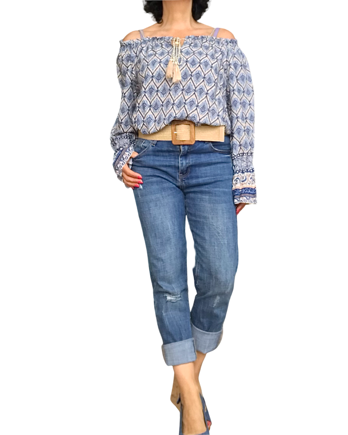 Blouse imprimé aztèque bohème – Tissu léger et tons marines