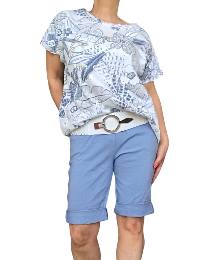 T-shirt floral bleu marine et argent stylé et doux