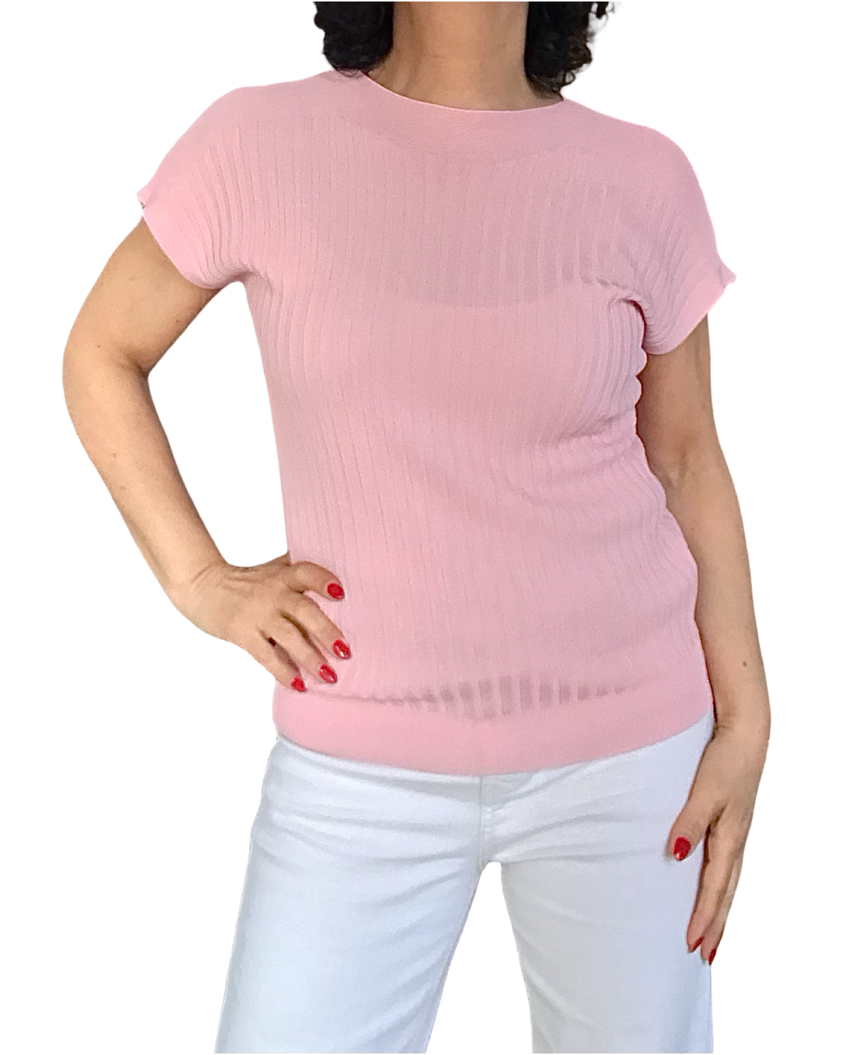 T-shirt côtelé uni rose pâle col rond