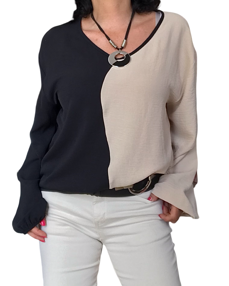 Blouse manches longues légère col en V color bloc vagin noir avec collier à pendentif de cercle argenté et noir