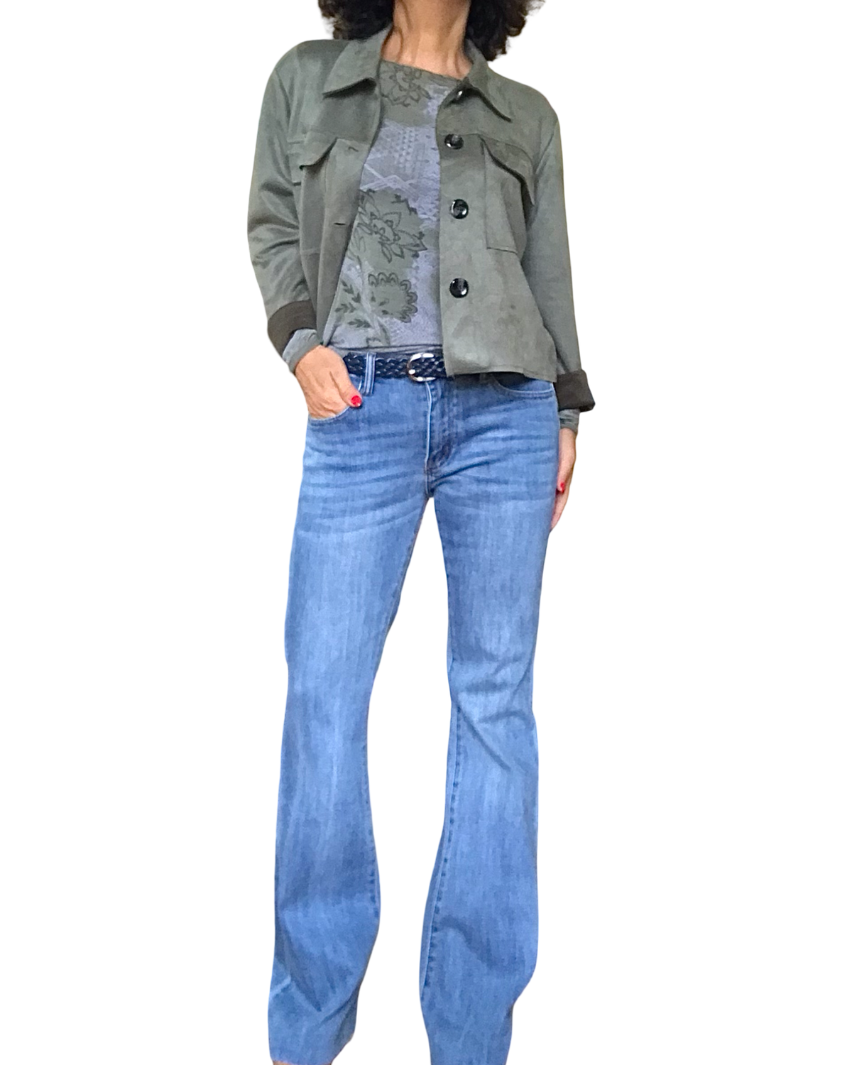 T-shirt kaki fleuri ton sur ton, manche longue col rond