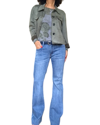 T-shirt kaki fleuri ton sur ton, manche longue col rond
