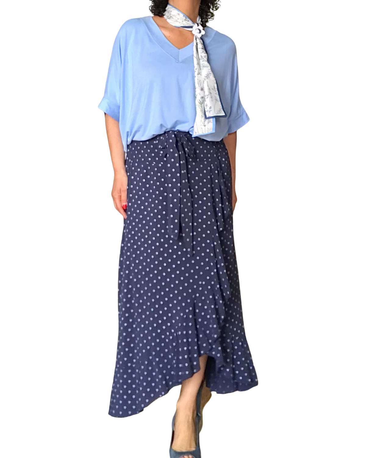 Jupe longue portefeuille marine à pois bleu ciel