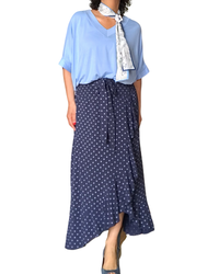 Jupe longue portefeuille marine à pois bleu ciel