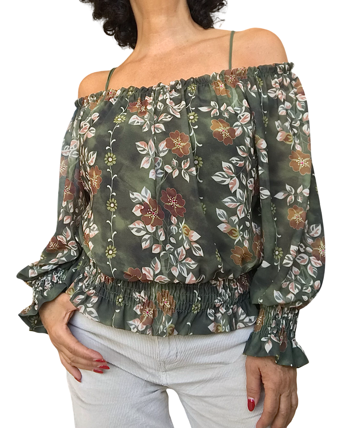 Blouse courte romantique en voile fleuri kaki, beige et brun avec bas en nid d’abeille – vue de face