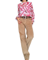 Blouse romantique en voile motif d’Arty crème et bourgogne, manches longues